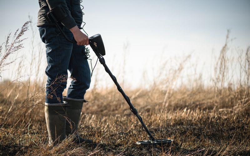 A person metal detecting in a field.