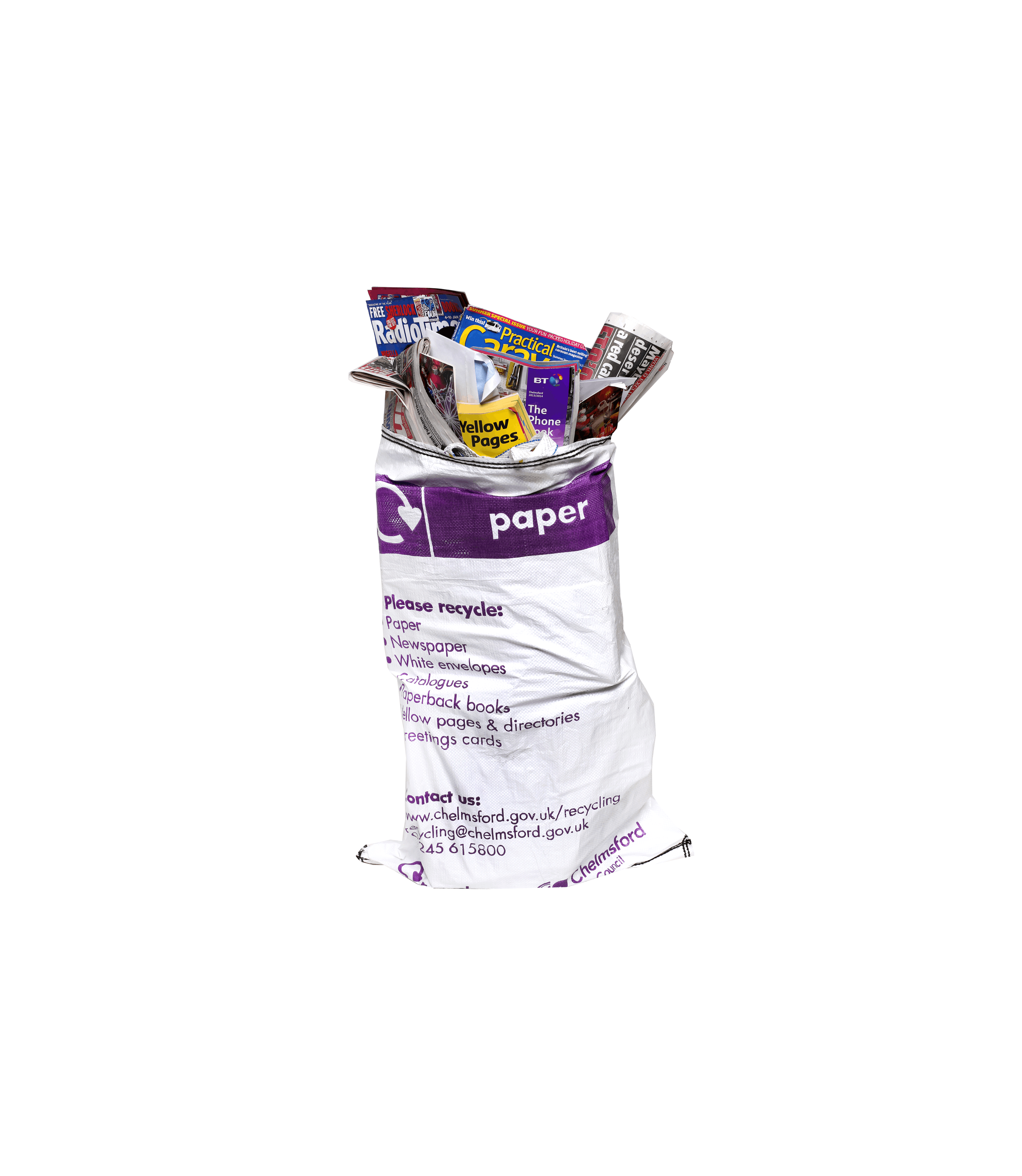 Tall, white sack full of paper items to be recycled