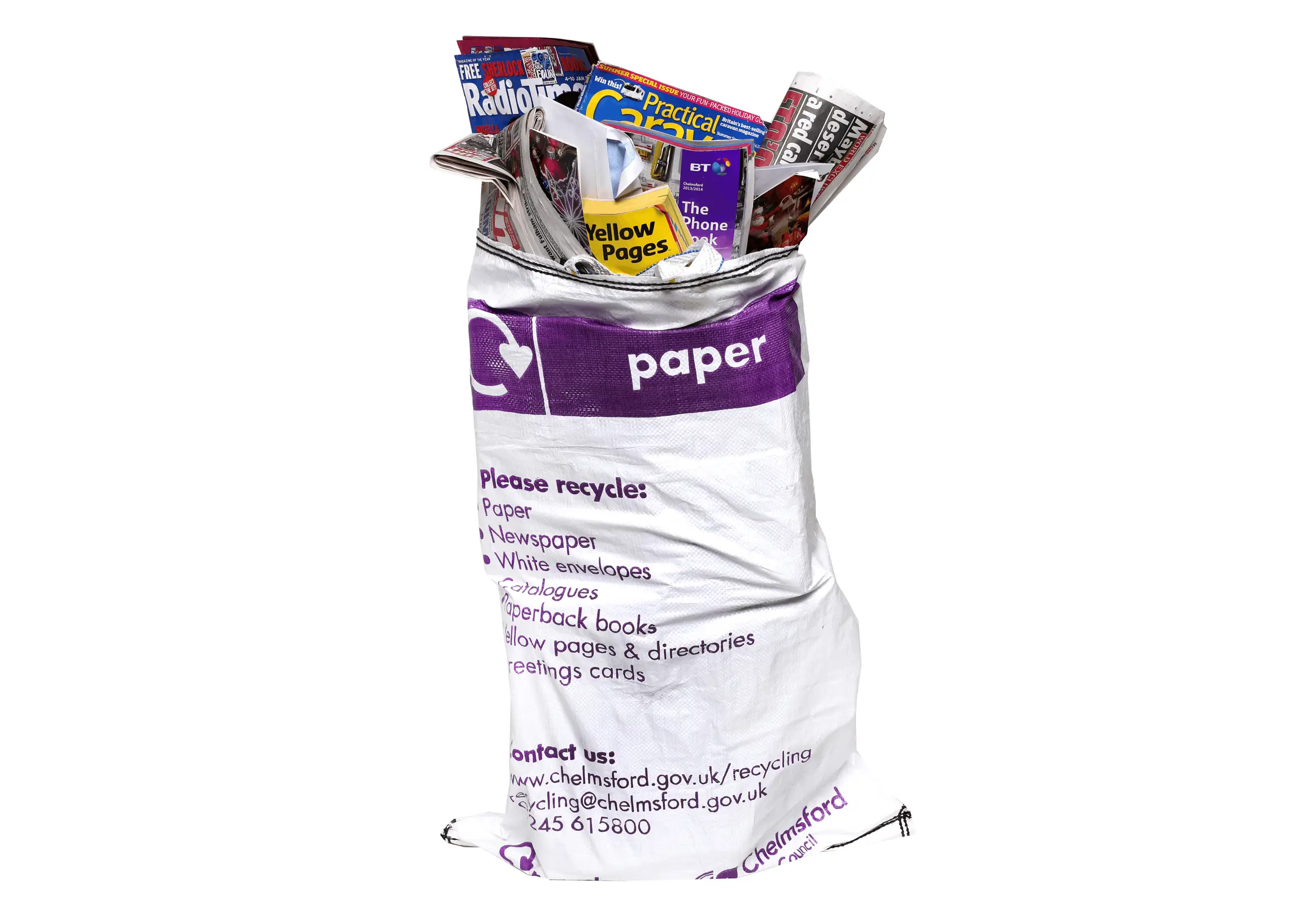 Tall, white sack full of paper items to be recycled