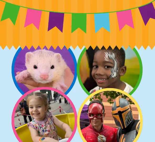 Bunting and canopy over four circles, featuring a ferret, a boy with his face painted, and girl smiling on a ride, and two people dressed in cosplay outfits