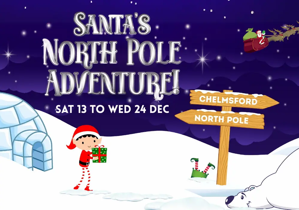 Santa's North Pole Adventure, Sat 13 to Wed 24 Dec. Elf carrying Christmas present with igloo and polar bear around him and Santa flying in sky with reindeer