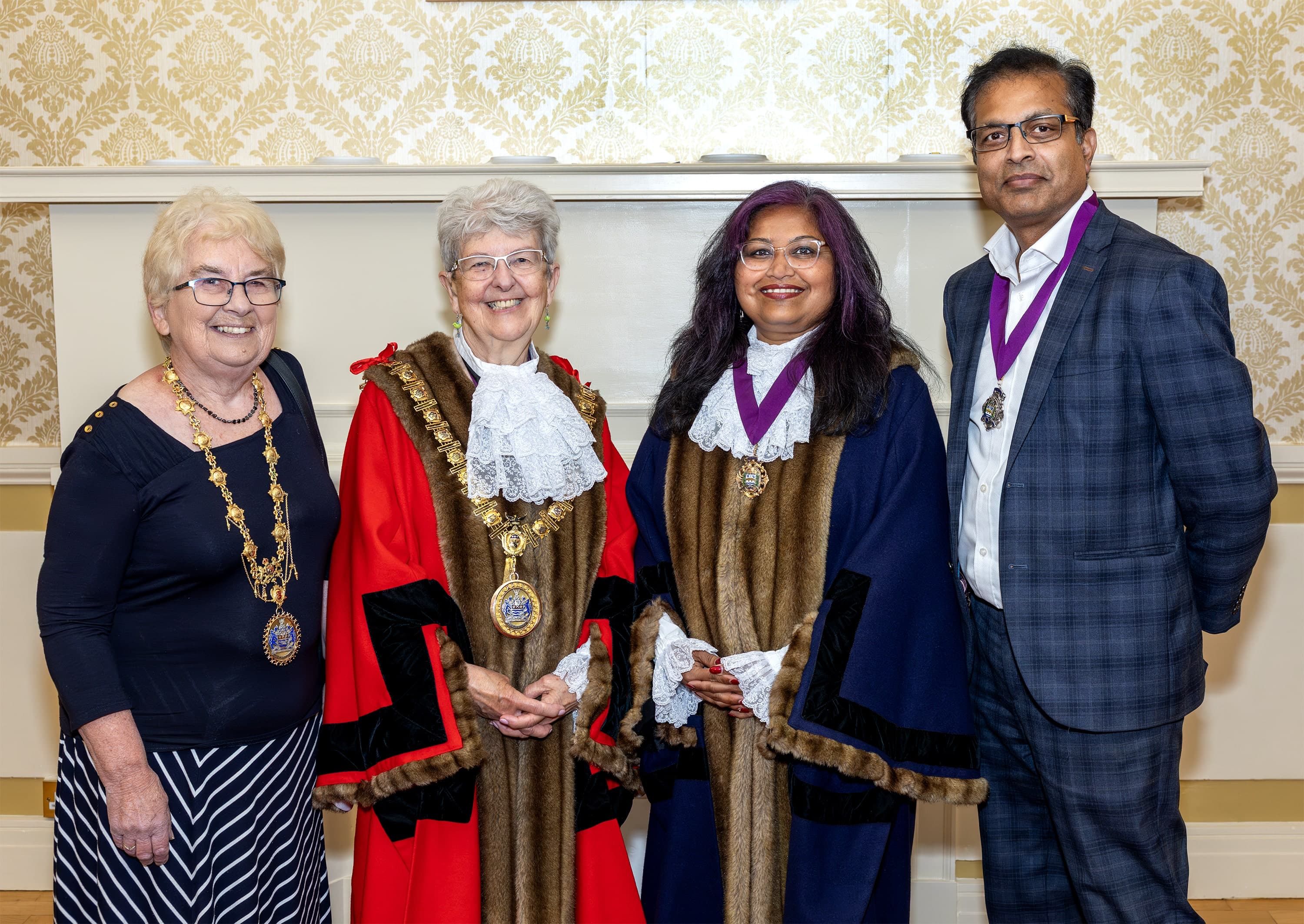 Mayor of Chelmsford, Councillor Jannetta Sosin, and The Deputy Mayor of Chelmsford, Councillor Smita Rajesh, with their consorts, former Chelmsford City Councillor Christine Shaw, and Consort Rajesh Kumar