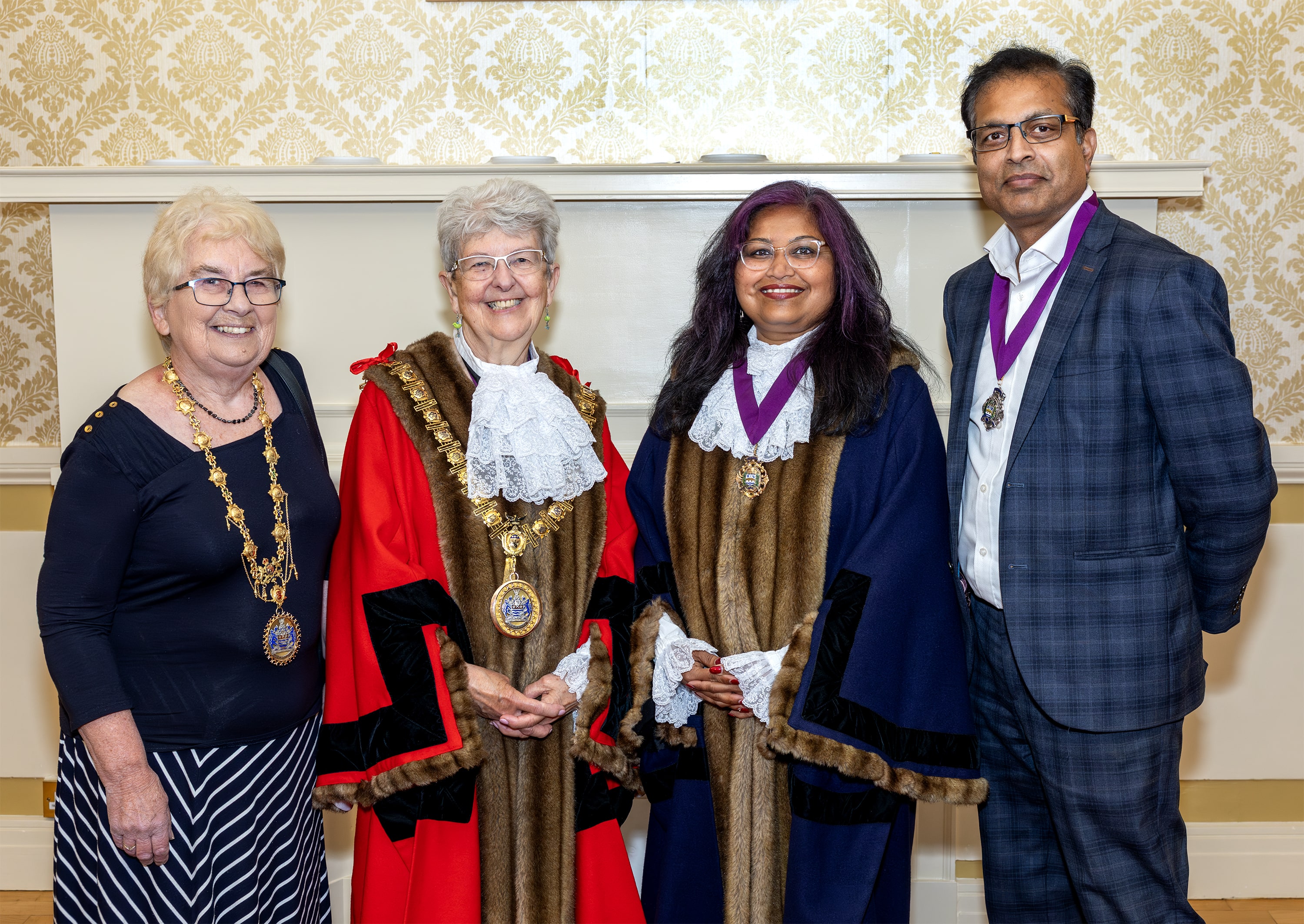 Mayor of Chelmsford, Councillor Jannetta Sosin, and The Deputy Mayor of Chelmsford, Councillor Smita Rajesh, with their consorts, former Chelmsford City Councillor Christine Shaw, and Consort Rajesh Kumar