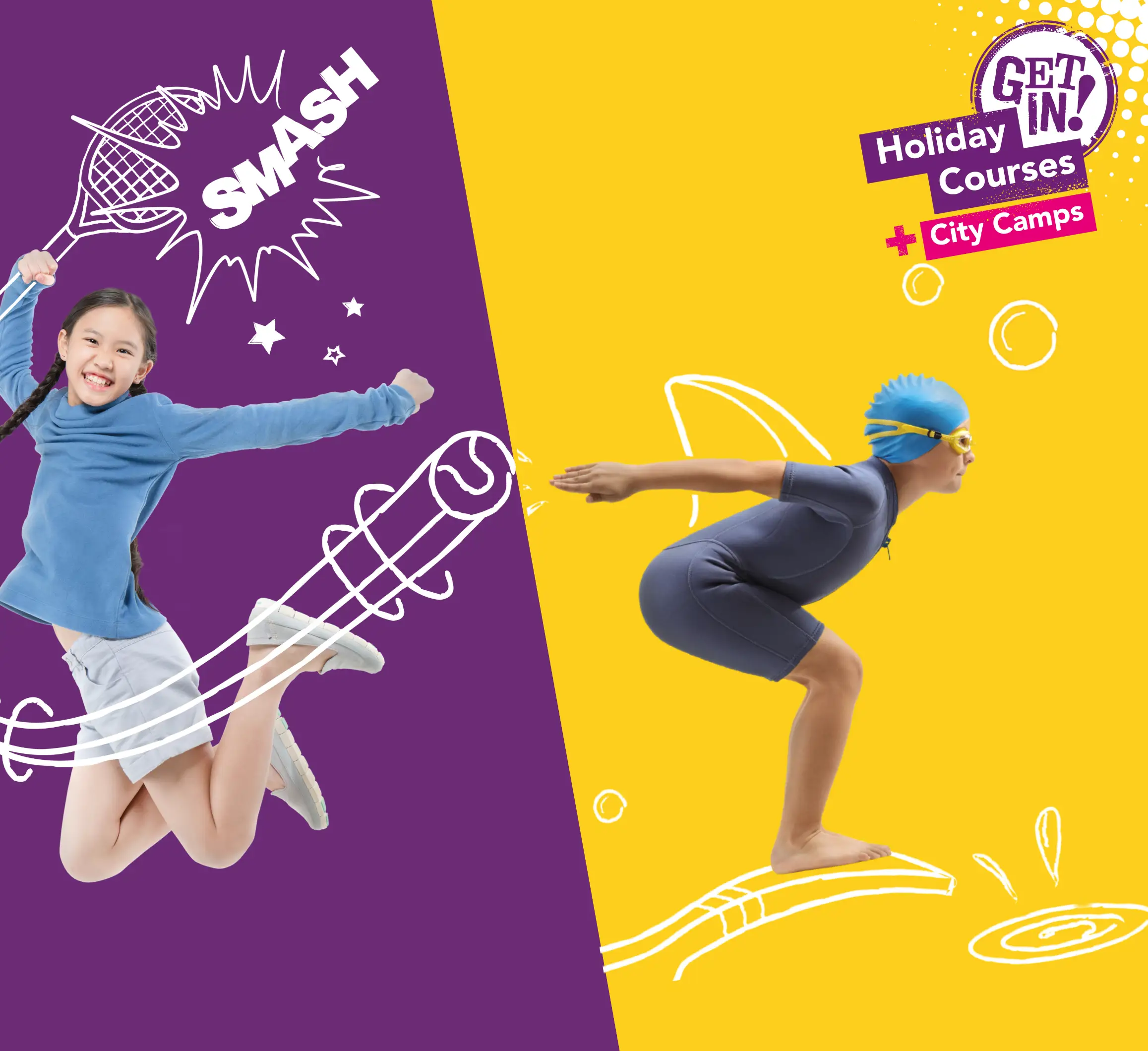 Girl jumping in air with drawing of tennis racquet overlaid on her hand, and child in swimming outfit with diving board drawn under them