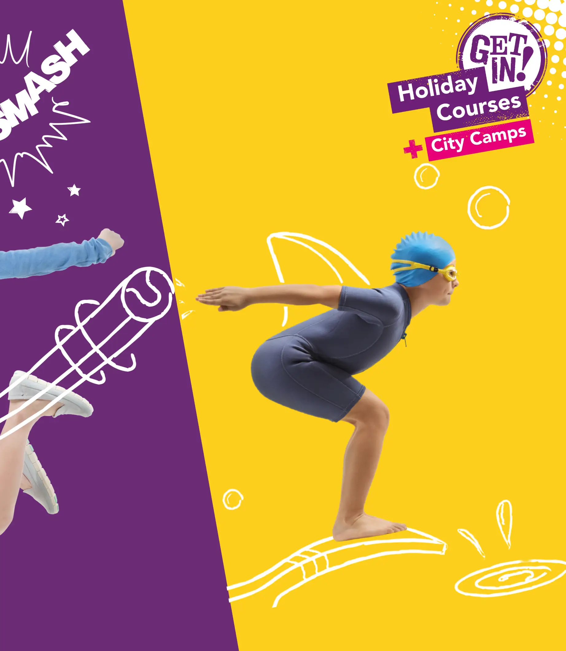 Girl jumping in air with drawing of tennis racquet overlaid on her hand, and child in swimming outfit with diving board drawn under them