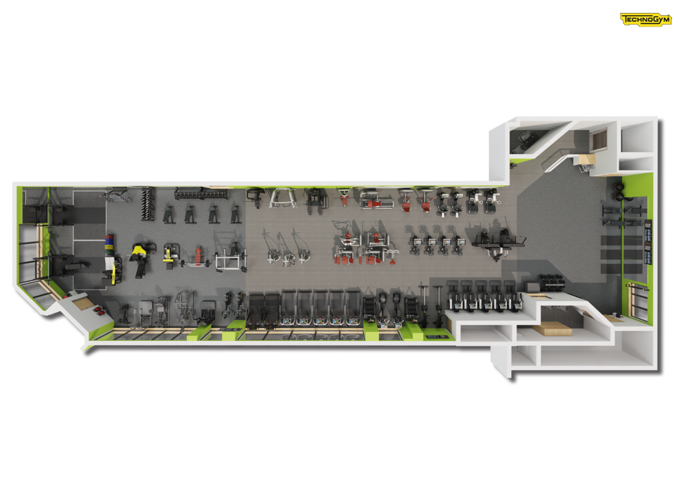 A digitally rendered floor plan of how the CSAC gym should look once refurbished. The right shows a large entry area. This leads into a long rectangular room with three rows of machines and free weights equipment: 2 against the walls and 1 down the centre. The bottom wall is lined with full-length windows. The machines vary from cardio machines to weights and resistance machines into a free weights area on the left end, which features benches and lifting platforms and a range of free weights.