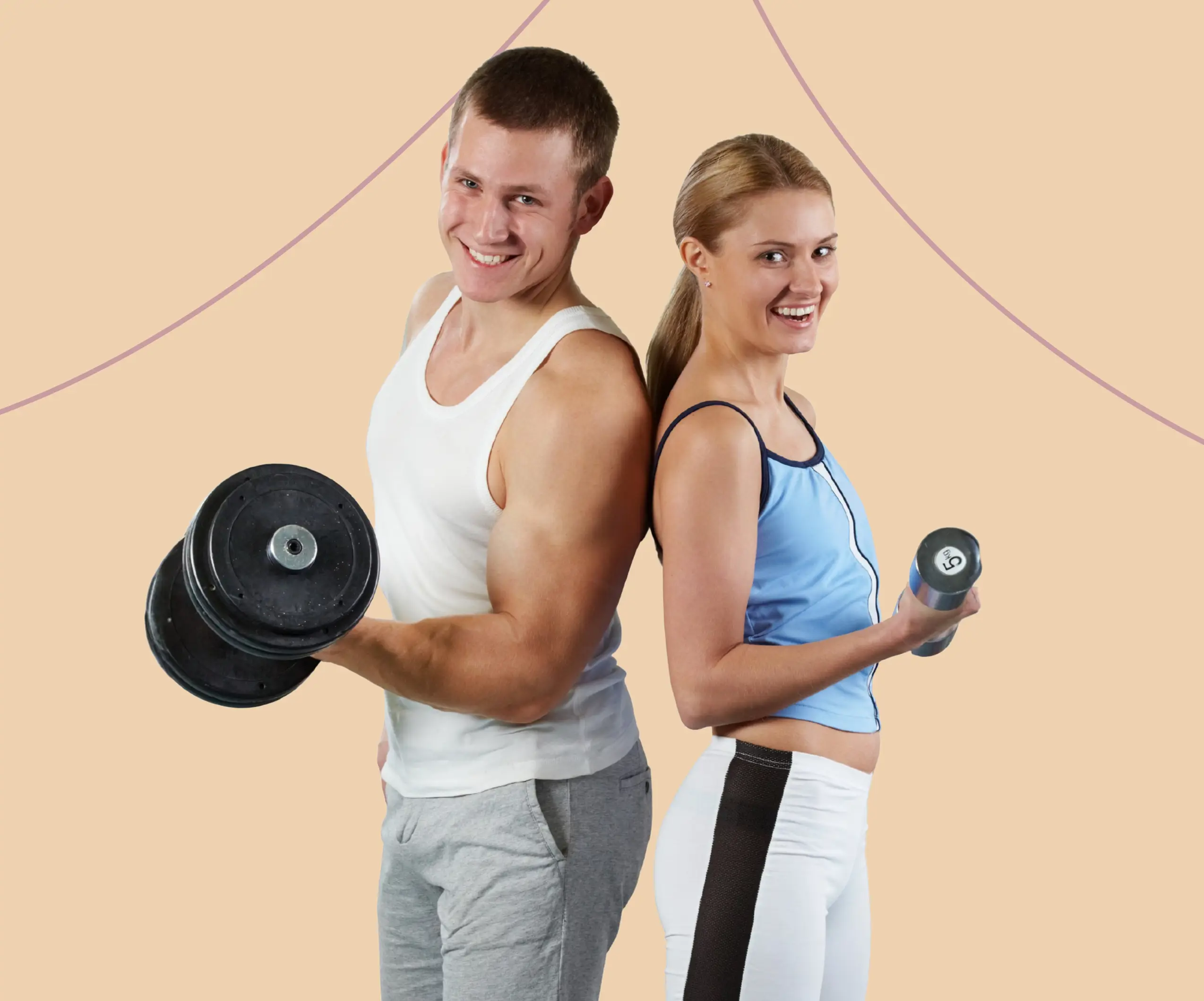 Man and woman standing back to back holding dumbbells and smiling