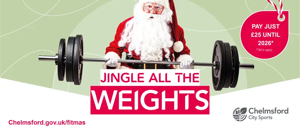 Jingle All The Weights - pay just £25 until 2026 (terms apply). Santa lifting a heavy bar weight