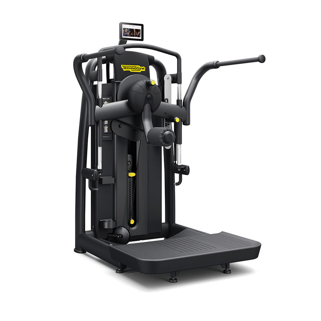 A piece of Technogym equipment with a standing platform, two shoulder-high handles, and a padded lever with circular rotation. There is also a screen for tracking progress.