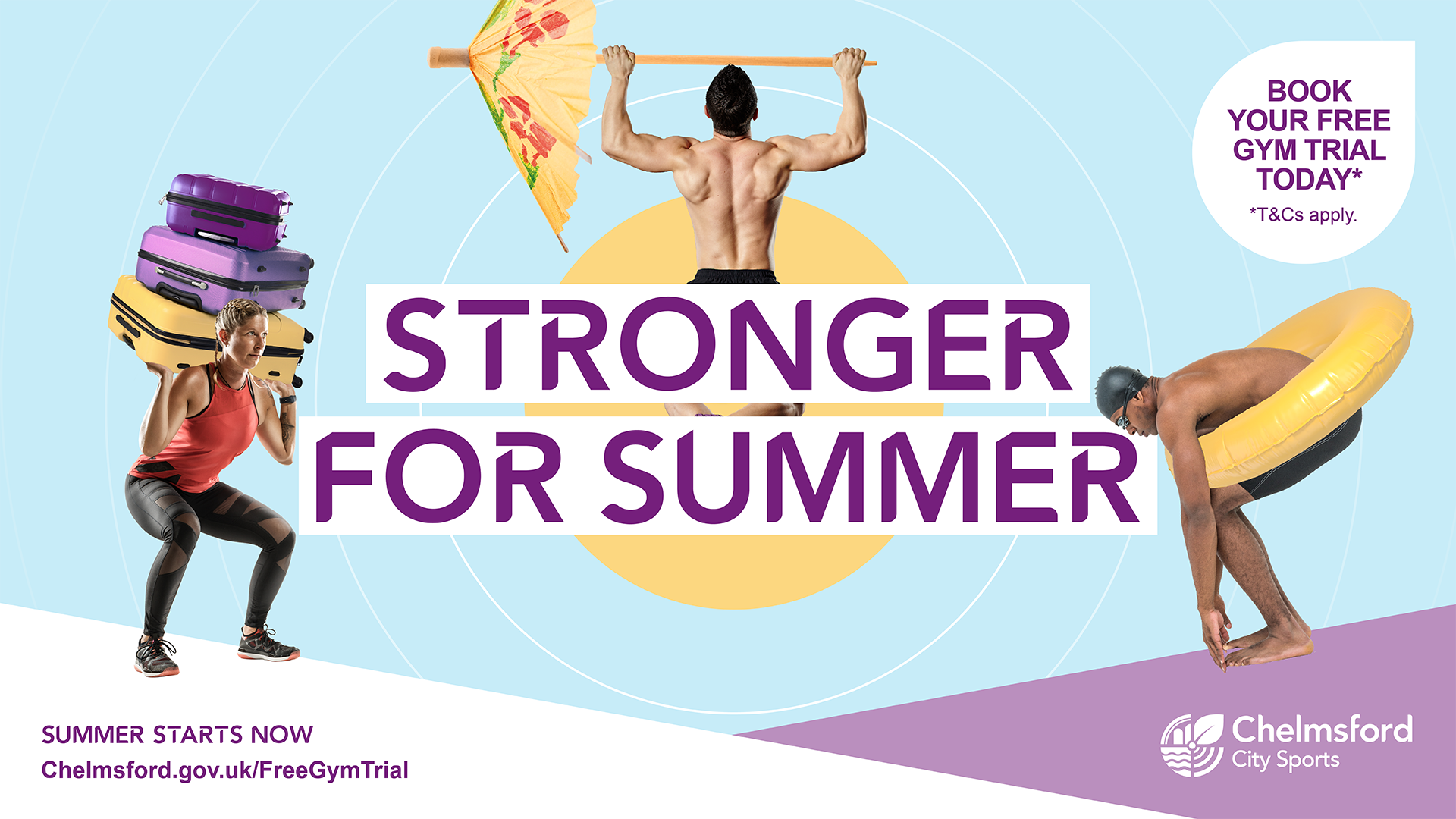 Stronger for summer  Book your free trial today. (Woman squatting with suitcases, man holding giant cocktail umbrella and mad about to dive while wearing large rubber ring