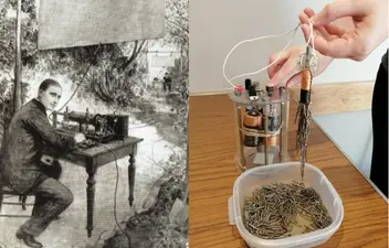 Historic figure next to electrical device and magnet with paperclips