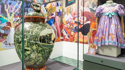 Museum exhibit showcasing works by Grayson Perry.