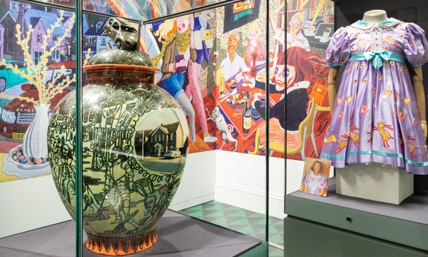 Museum exhibit showcasing works by Grayson Perry.