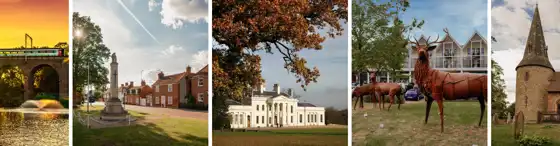 Railway viaduct, war memorial in Stock, Hyland House, deer statues at Beaulieu and church at Broomfield