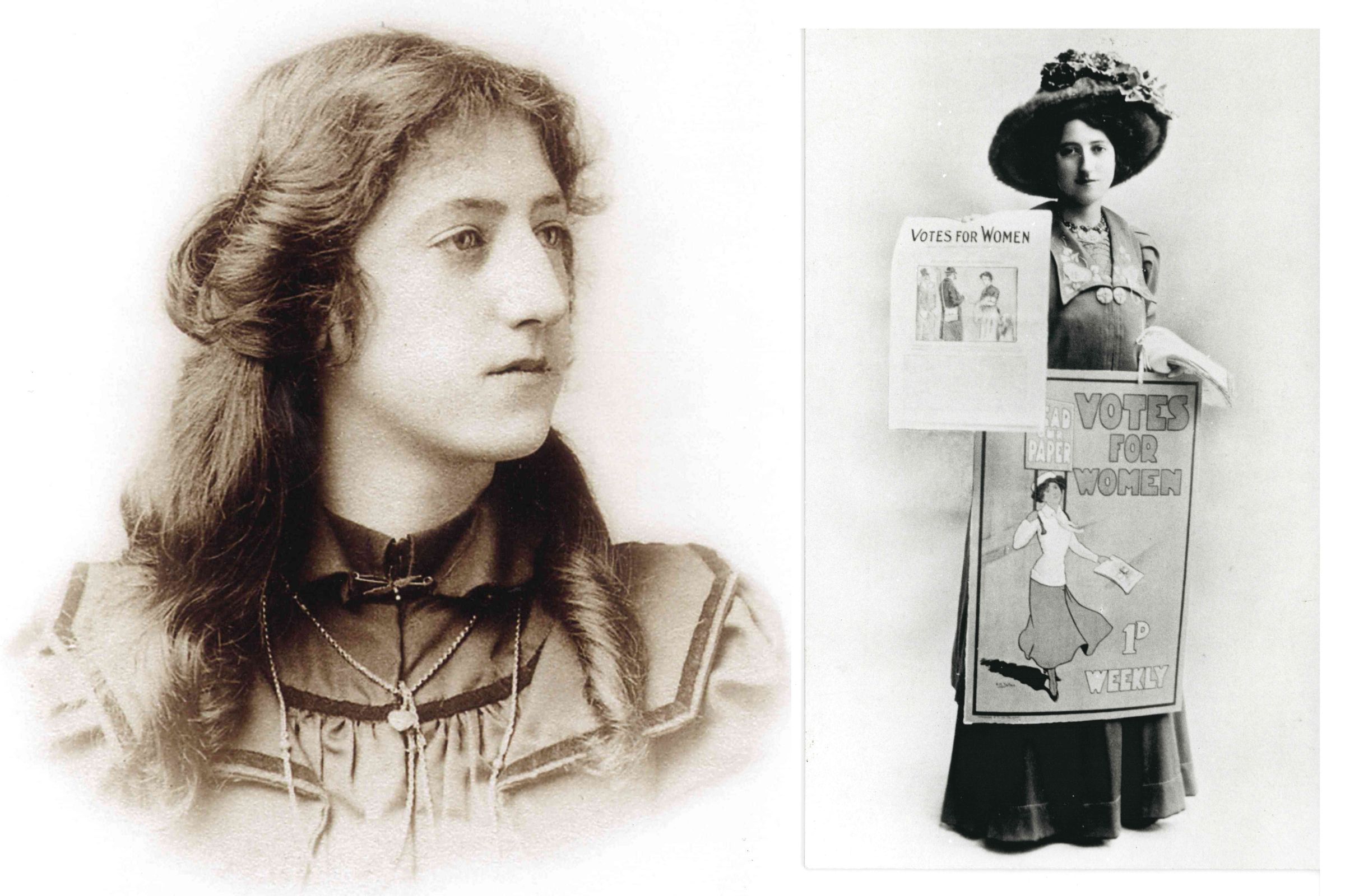 Old photograph of Grace Chappelow with her holding a sign that says Votes for Women. 