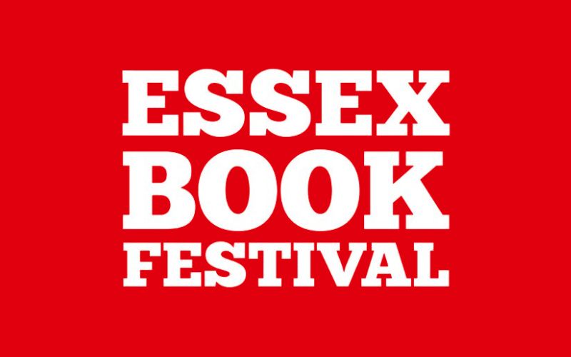 The Essex Book Festival logo on a bright red background. 