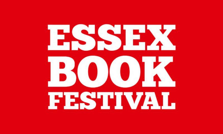 The Essex Book Festival logo on a bright red background. 