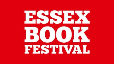 The Essex Book Festival logo on a bright red background. 