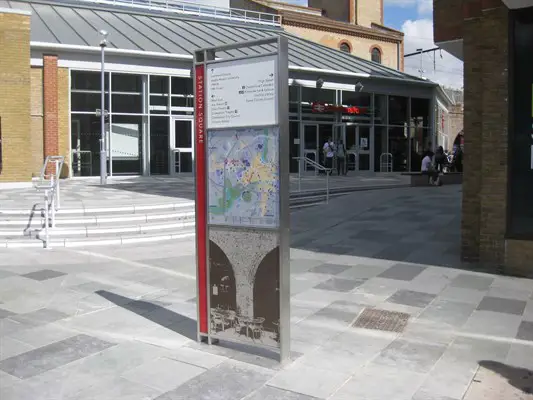 Public information board, including map, outside Chelmsford railway station