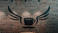 Brick wall with painted with large decorative coffee cup with wings preview