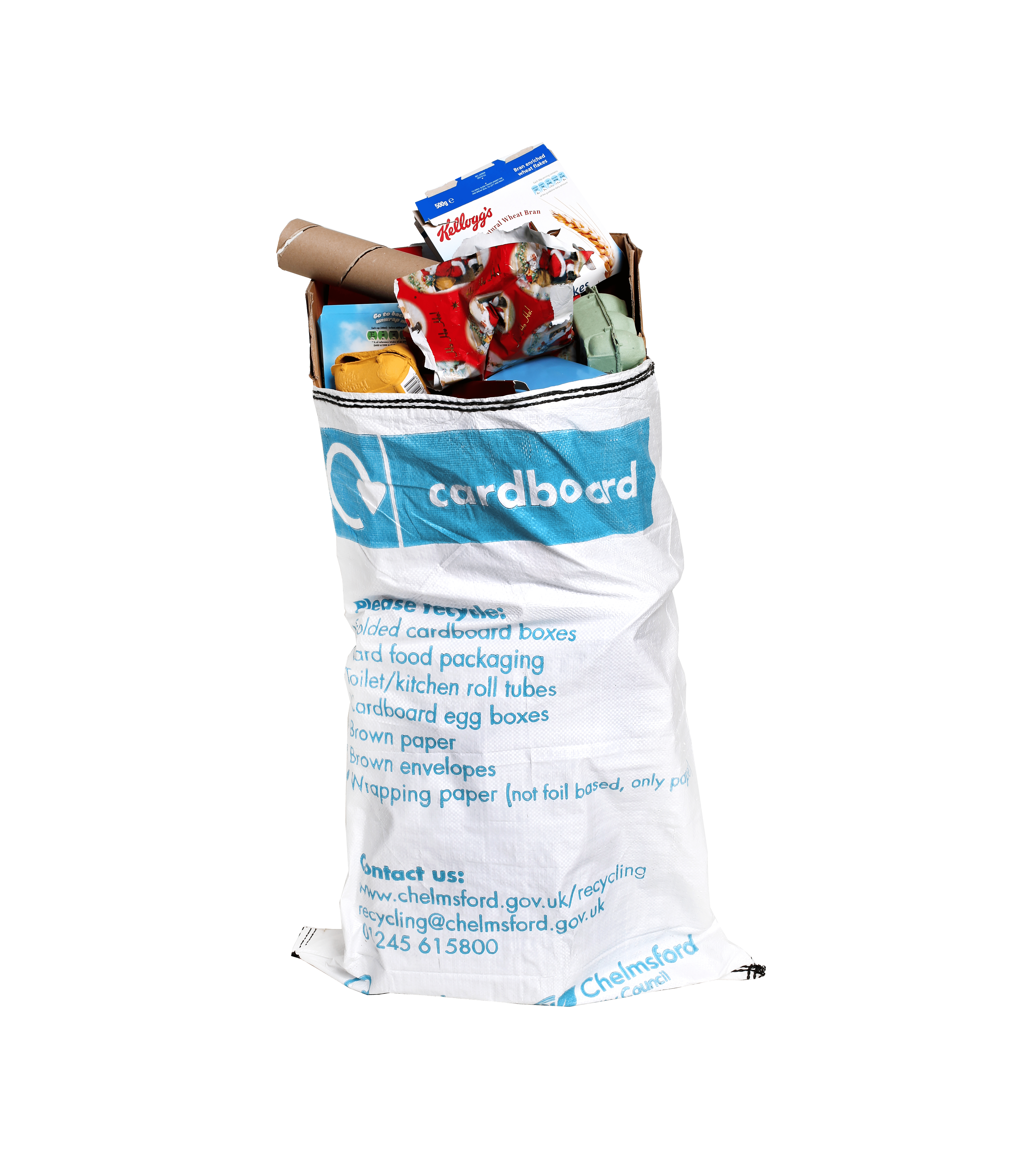 Tall, white card sack full of cardboard items to be recycled