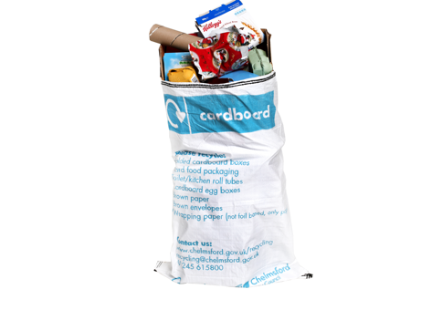 Tall, white card sack full of cardboard items to be recycled