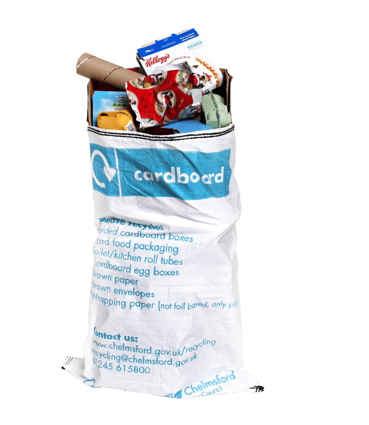 Tall, white card sack full of cardboard items to be recycled