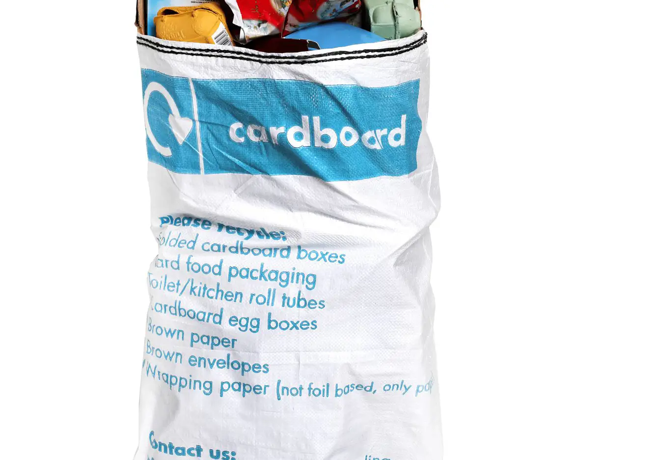 Tall, white card sack full of cardboard items to be recycled