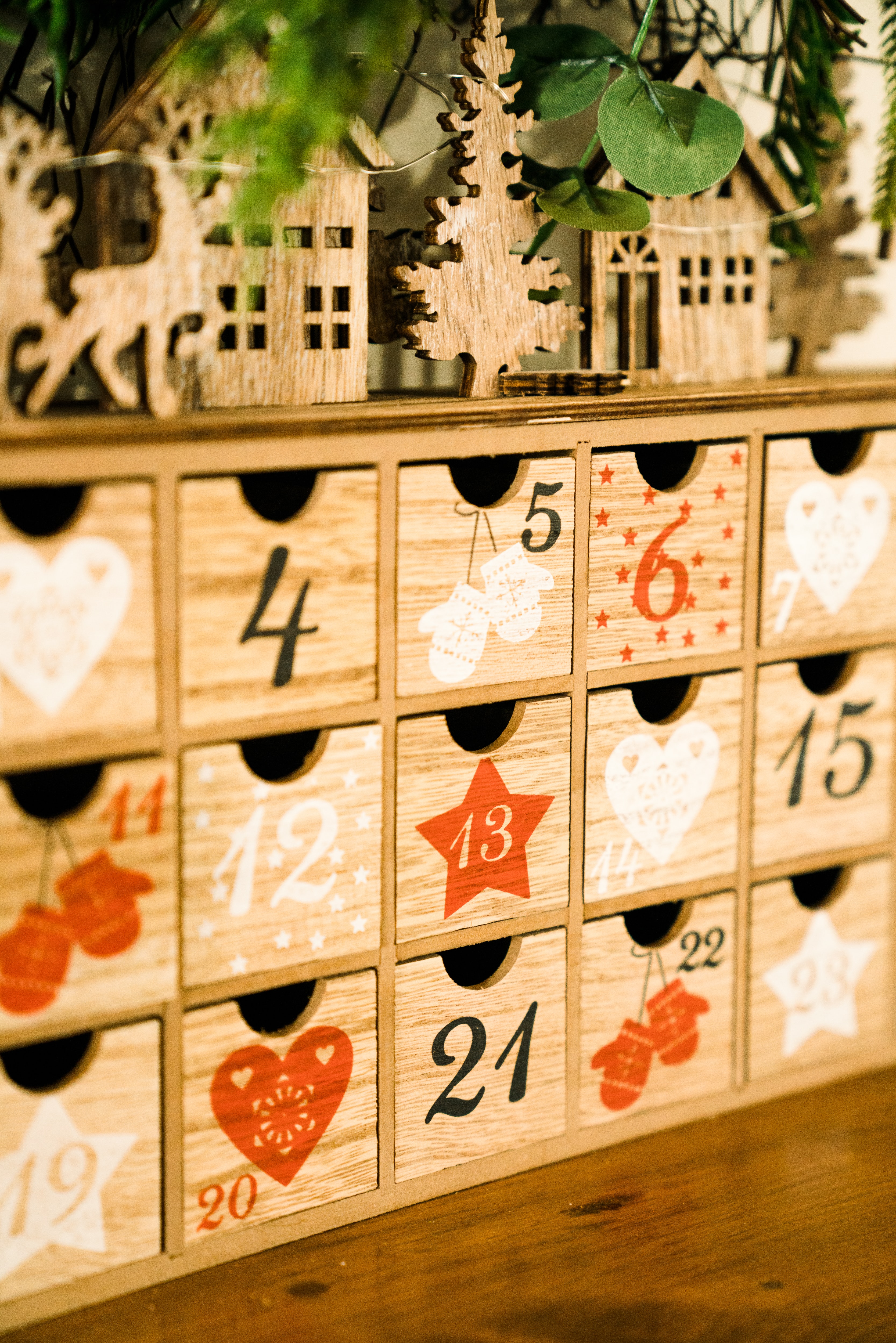 Wooden advent calendar made up of small boxes