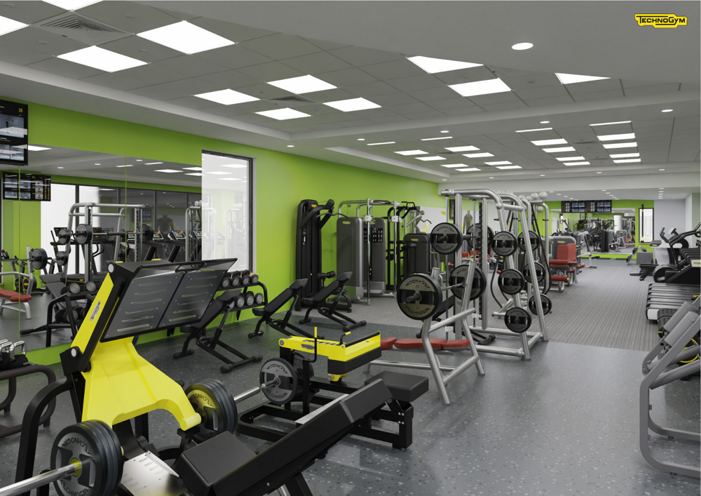 A digitally rendered image of how the CSAC gym should look once refurbished, showing rows of weights machines and a free weights area against a mirrored wall. The room is brightly lit with large square downlights.