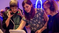 Curator Sarah Harvey demonstrates the digital exhibition on the tablet at the Forecast22 launch.  preview