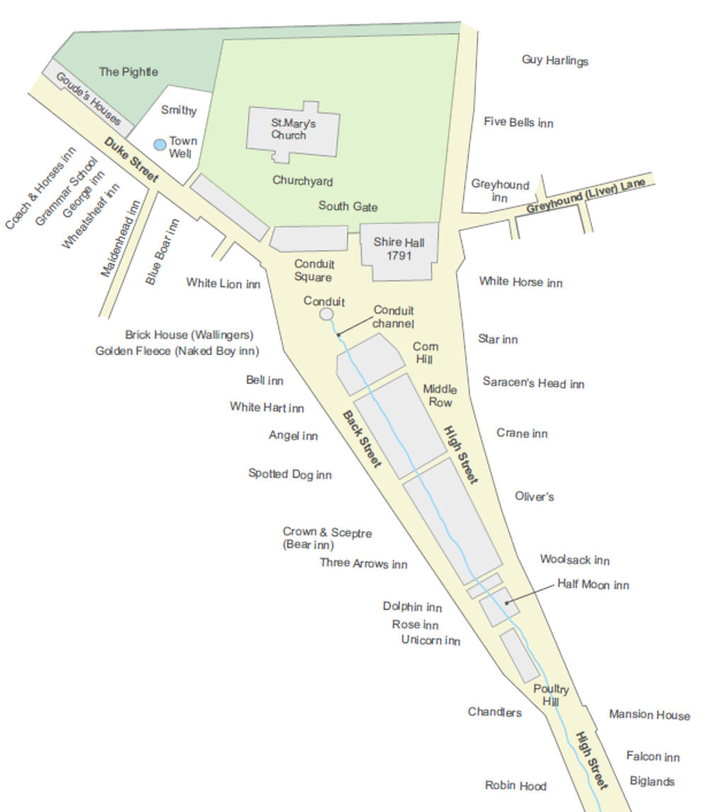 Map of Chelmsford High Street around surrounding streets, marked with locations of former pubs