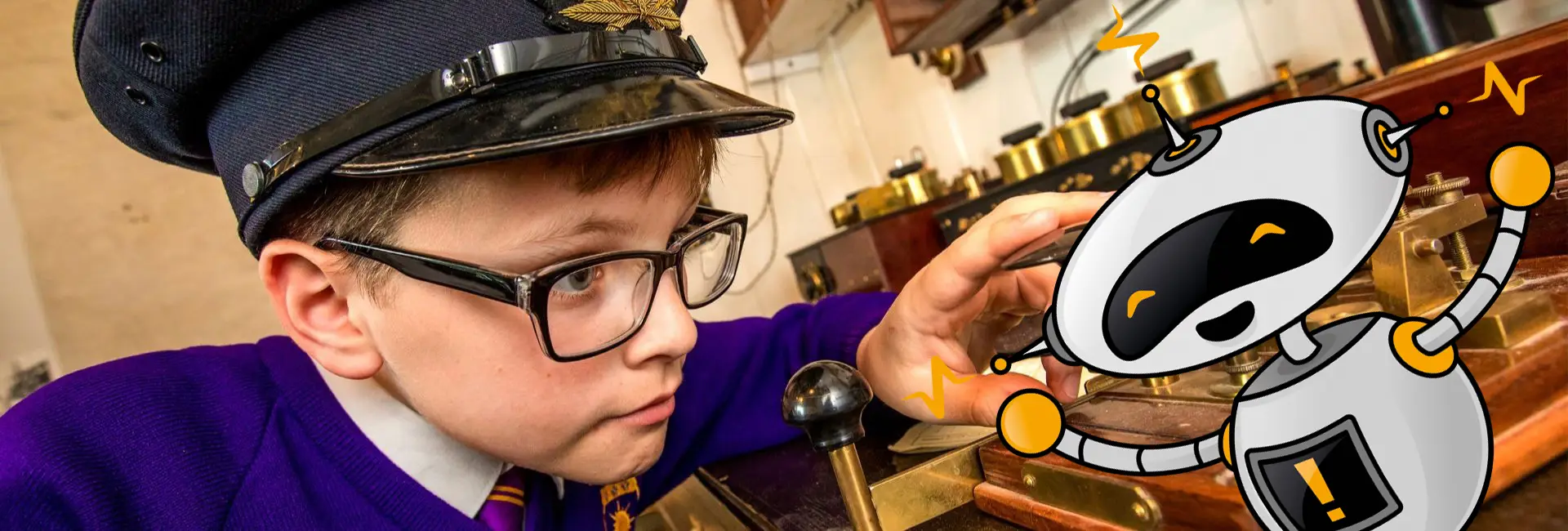 Young boy with a hat using a Morse code device. 