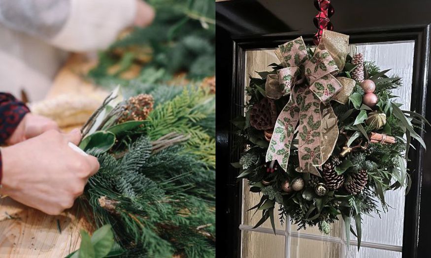 Someone is putting together greenery to make a wreath. In the second picture a finished wreath hangs on a black door with glass. 
