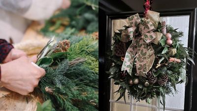 Someone is putting together greenery to make a wreath. In the second picture a finished wreath hangs on a black door with glass. 