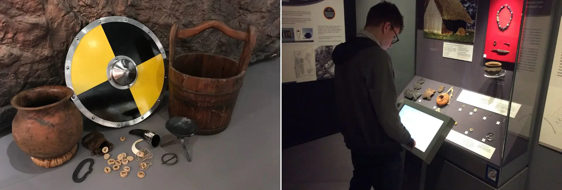 A selection of Anglo Saxon items and a child looking at the Anglo Saxon exhibit. 