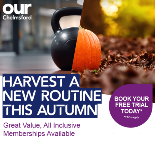 Split image of half a black kettle bell and half an orange pumpkin sat amongst autumn leaves. Text reads: Harvest a new routine this autumn, book your free trial today.