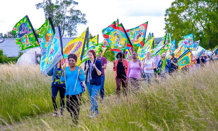People carrying the colourful C100 flags through a field. 
