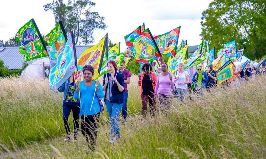 People carrying the colourful C100 flags through a field. 