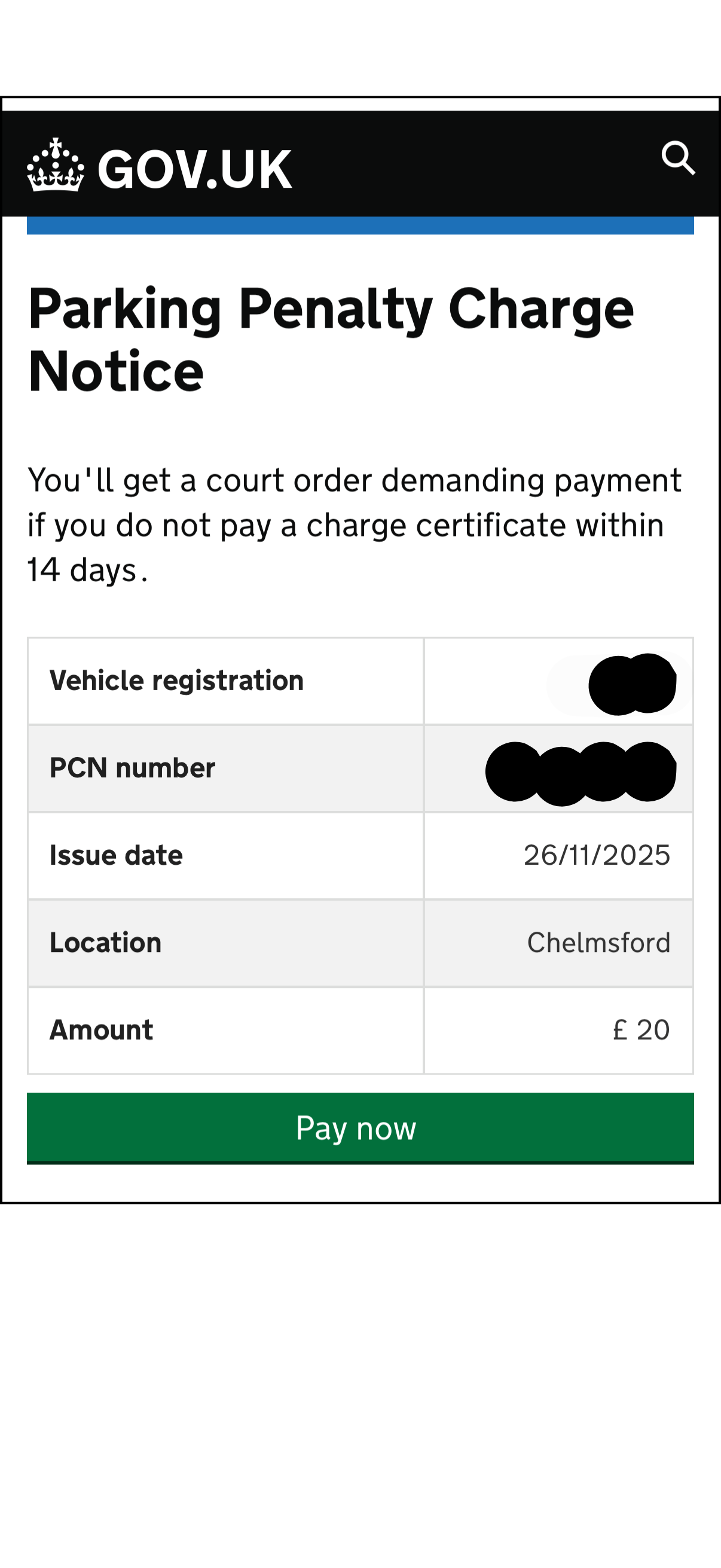 Screenshot of fake parking fine