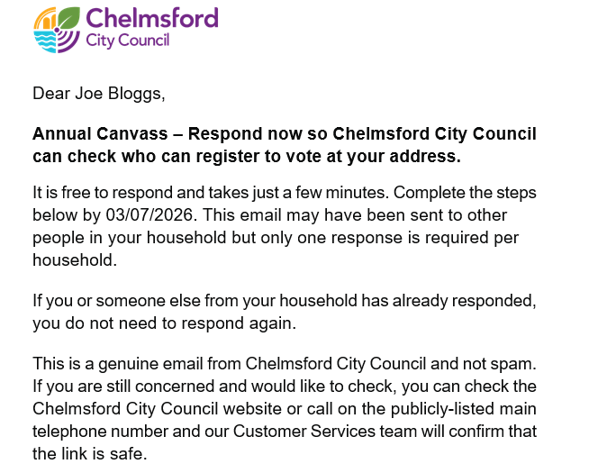 Screenshot showing what email from us for the annual canvass should look like