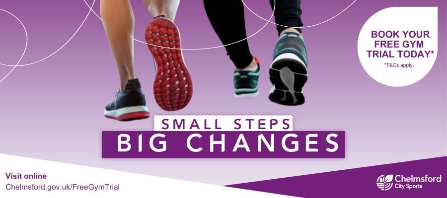 Small steps, big changes. Book your free gym trial today (terms apply). Feet wearing trainers walking