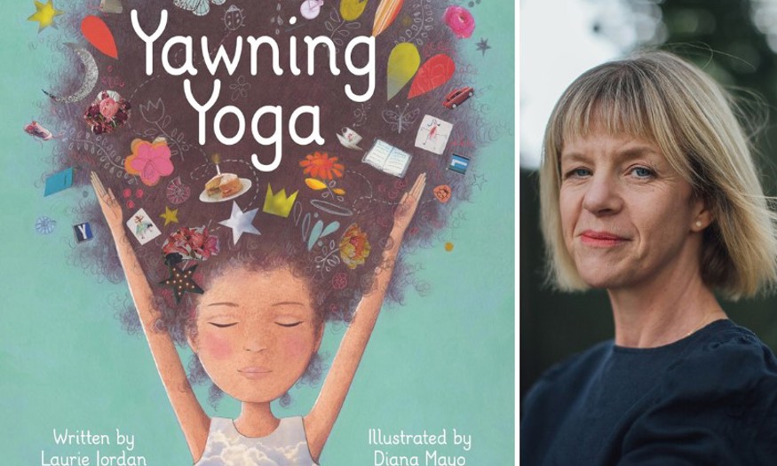The Yawning Yoga book cover next to a photo of illustrator Diana Mayo. 