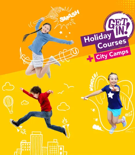 Kids jumping in mid air with illustrated lines around them to indicate movement, plus the words "Get in holiday courses and city camps"