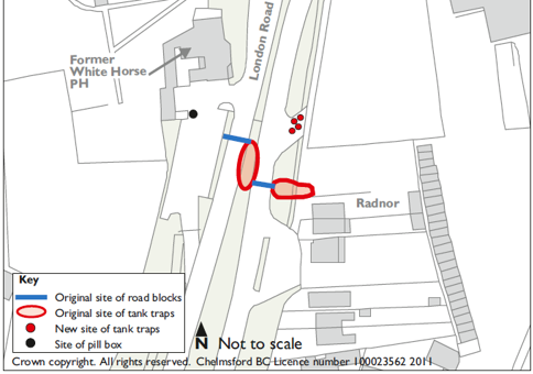 Map showing New London Road marked with sites of roadblocks and tank traps