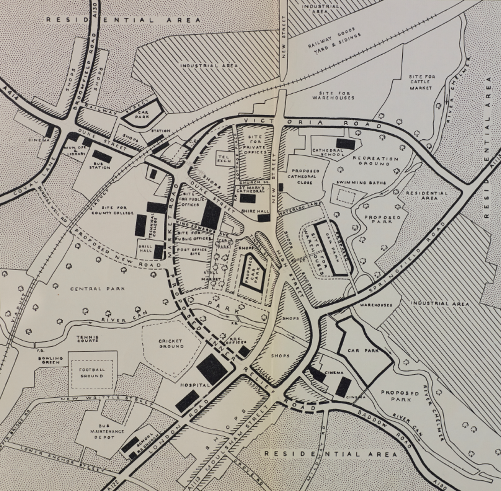 Map from Development Plan Report by Minoprio, 1952, showing proposed inner relief road (now Parkway)