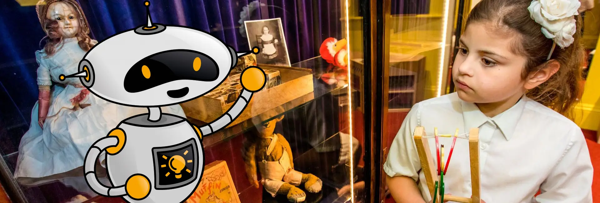 Child next to historic toys display