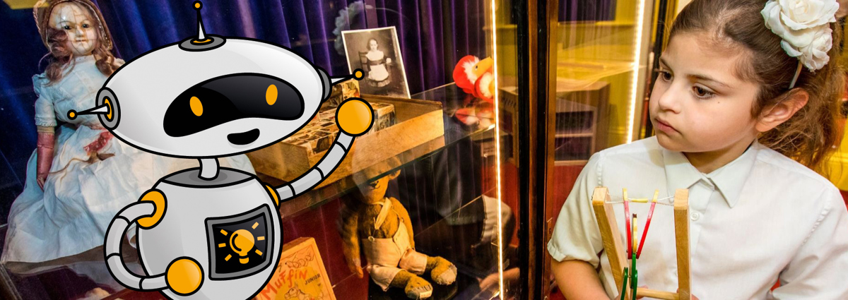 Child next to historic toys display
