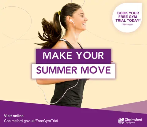 Make your summer move. Book your free gym trial today (terms apply). Woman running while wearing earphones