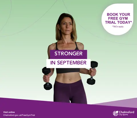 Stronger in September. Book your free gym trial today (terms apply). Woman exercising with dumbbells.
